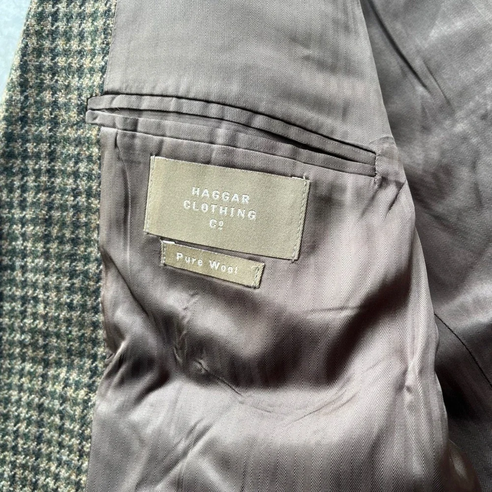 Haggar Clothing Co Mens Pure Wool Houndstooth Blazer Brown Tan Sport Coat 44R